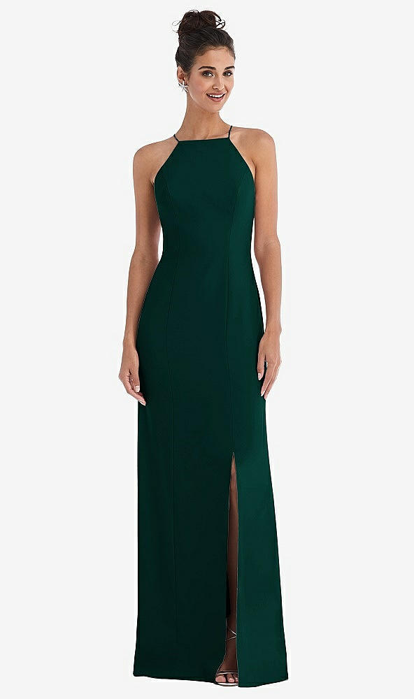 Front View - Evergreen Open-Back High-Neck Halter Trumpet Gown