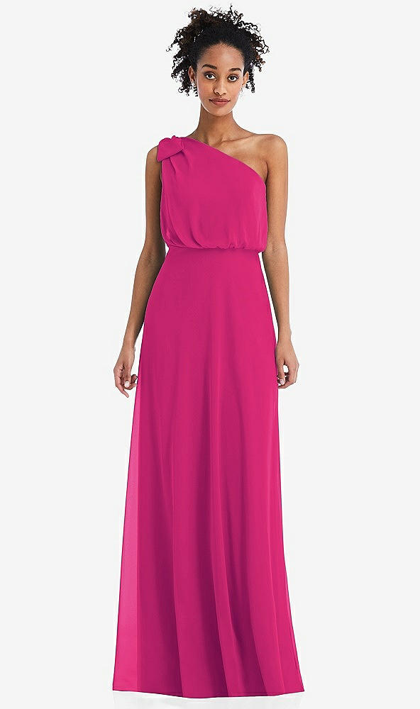Front View - Think Pink One-Shoulder Bow Blouson Bodice Maxi Dress