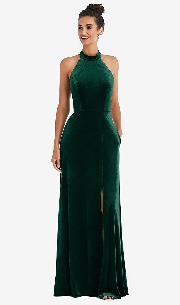 Front View - Evergreen High-Neck Halter Velvet Maxi Dress with Front Slit