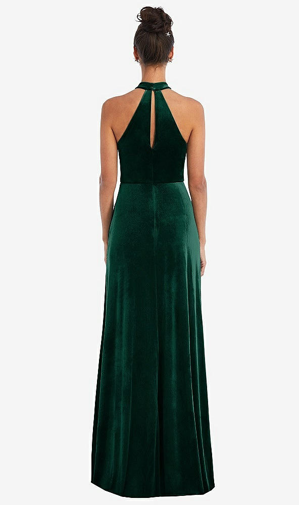 Back View - Evergreen High-Neck Halter Velvet Maxi Dress with Front Slit