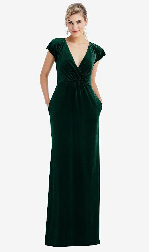 Front View - Evergreen Flutter Sleeve Wrap Bodice Velvet Maxi Dress with Pockets