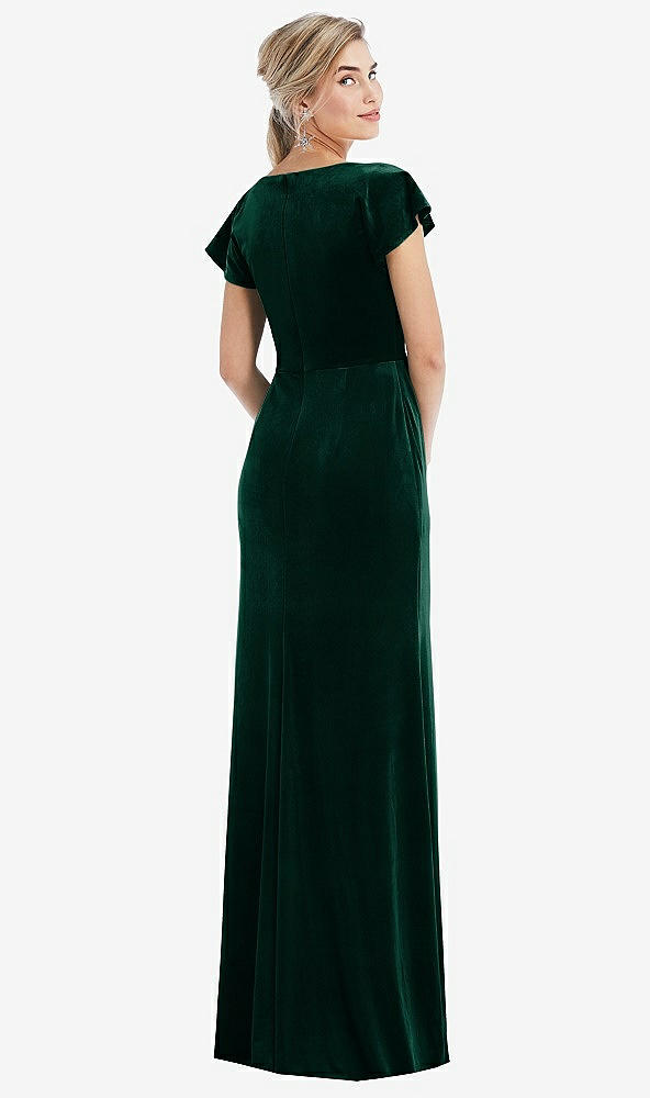 Back View - Evergreen Flutter Sleeve Wrap Bodice Velvet Maxi Dress with Pockets