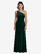 Front View Thumbnail - Evergreen One-Shoulder Draped Velvet Maxi Dress