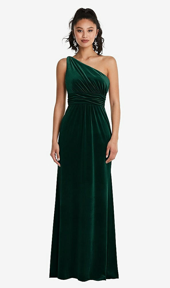 Front View - Evergreen One-Shoulder Draped Velvet Maxi Dress