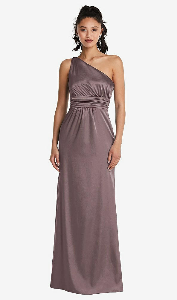 Front View - French Truffle One-Shoulder Draped Satin Maxi Dress
