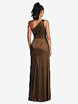Rear View Thumbnail - Latte One-Shoulder Draped Satin Maxi Dress