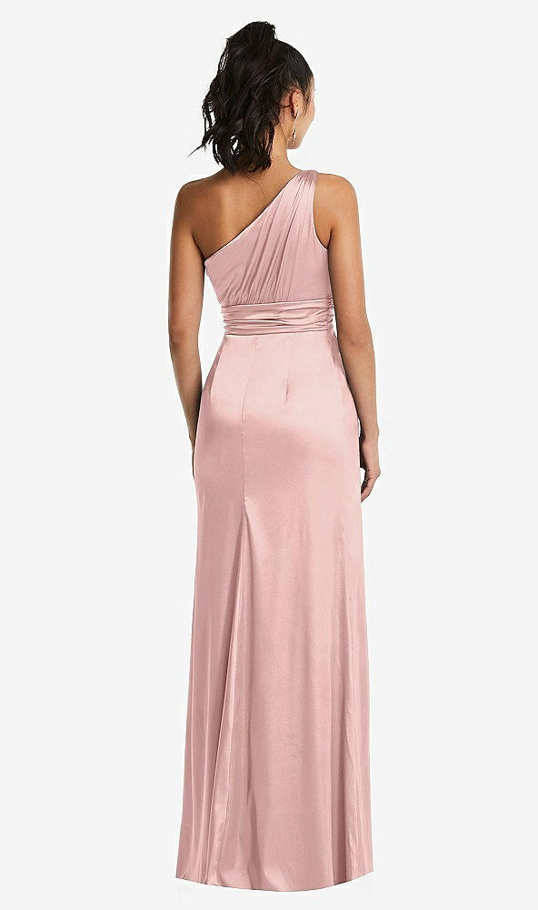 Back View - Rose - PANTONE Rose Quartz One-Shoulder Draped Satin Maxi Dress