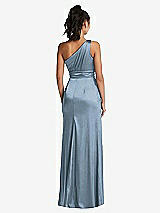 Rear View Thumbnail - Slate One-Shoulder Draped Satin Maxi Dress