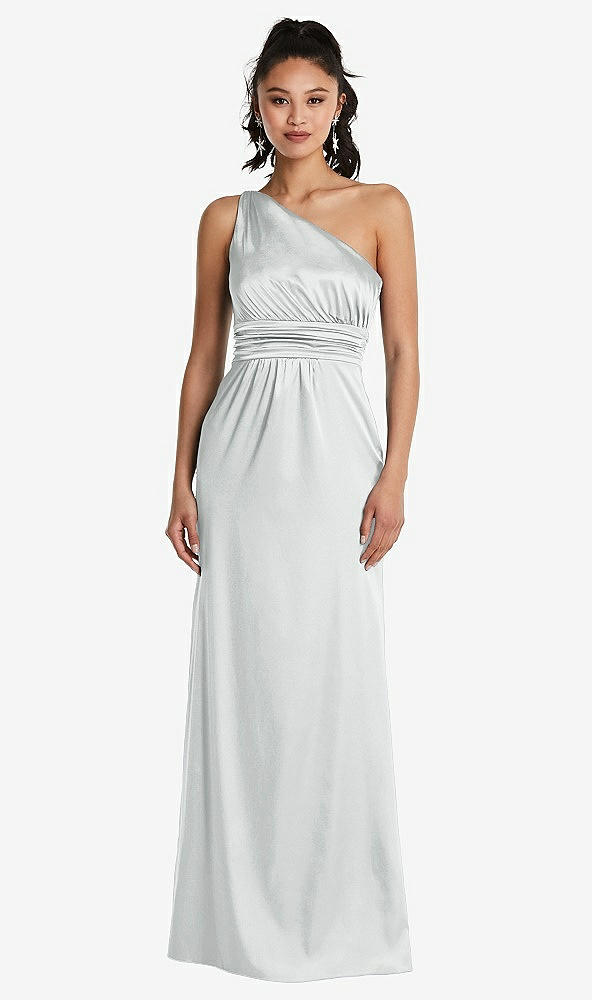 Front View - Sterling One-Shoulder Draped Satin Maxi Dress