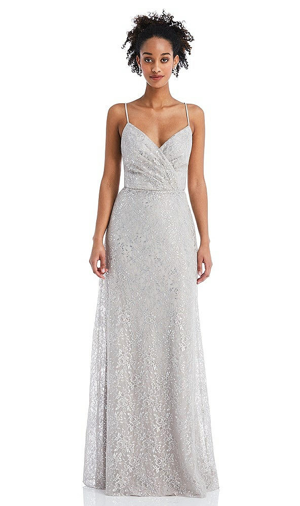 Front View - Oyster Draped Wrap Bodice Metallic Lace Maxi Dress