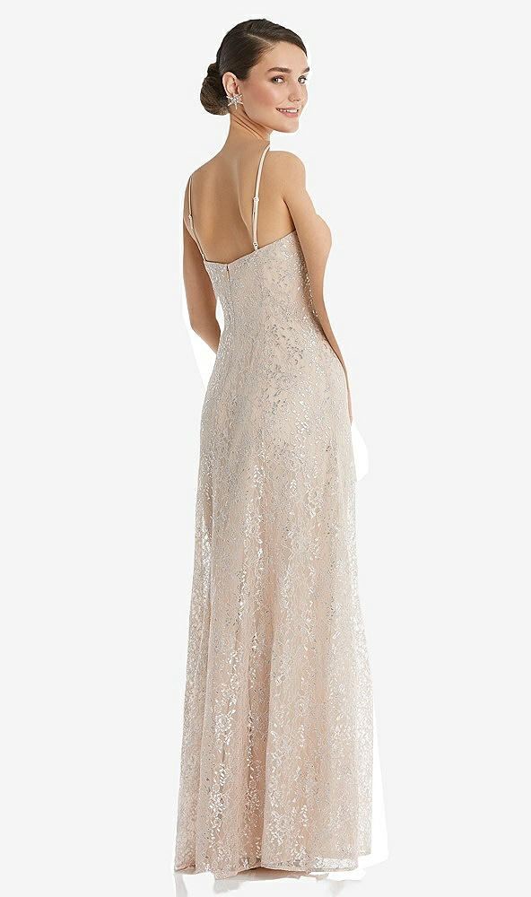 Back View - Cameo Metallic Lace Trumpet Dress with Adjustable Spaghetti Straps