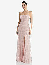 Front View Thumbnail - Rose - PANTONE Rose Quartz Metallic Lace Trumpet Dress with Adjustable Spaghetti Straps