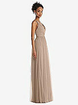 Side View Thumbnail - Topaz & Light Nude Illusion Deep V-Neck Tulle Maxi Dress with Adjustable Straps