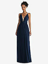 Front View Thumbnail - Midnight Navy & Light Nude Illusion Deep V-Neck Tulle Maxi Dress with Adjustable Straps
