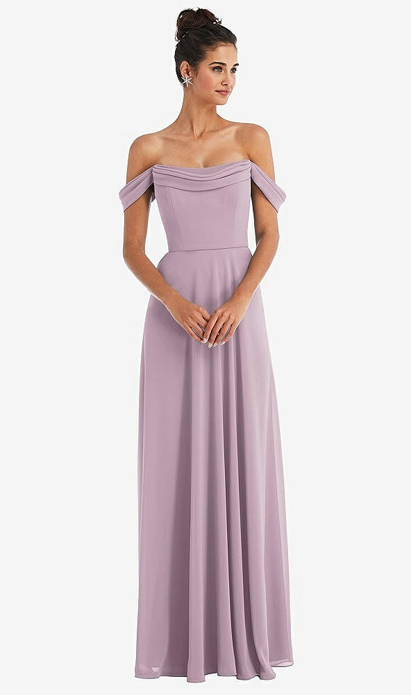 Front View - Suede Rose Off-the-Shoulder Draped Neckline Maxi Dress