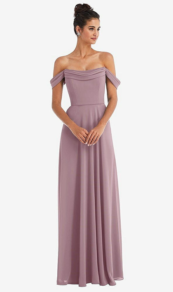 Front View - Dusty Rose Off-the-Shoulder Draped Neckline Maxi Dress
