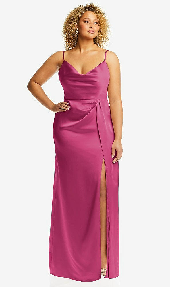 Front View - Tea Rose Cowl-Neck Draped Wrap Maxi Dress with Front Slit
