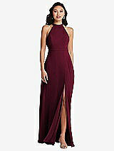 Rear View Thumbnail - Cabernet Stand Collar Halter Maxi Dress with Criss Cross Open-Back