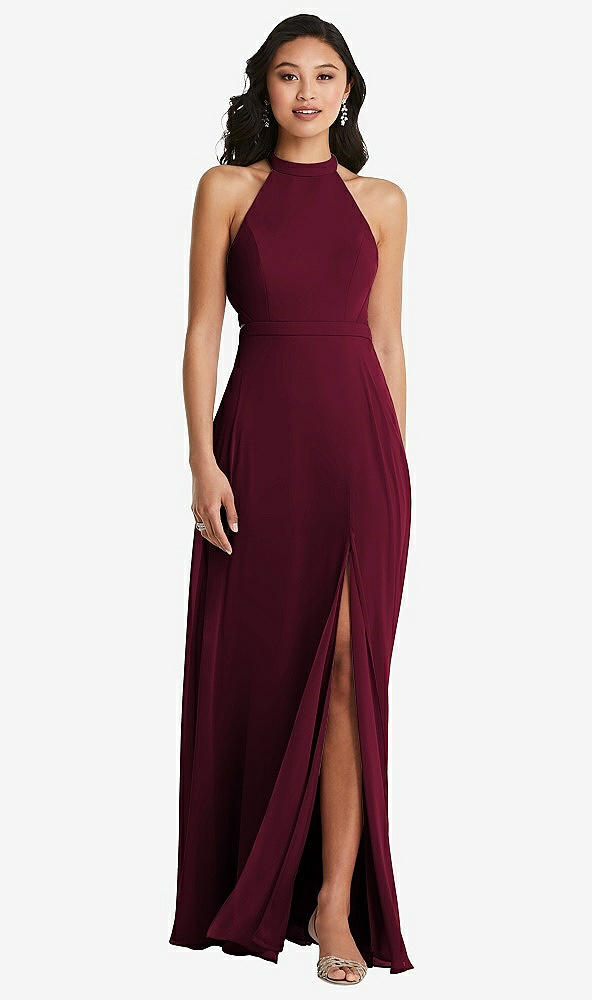 Back View - Cabernet Stand Collar Halter Maxi Dress with Criss Cross Open-Back