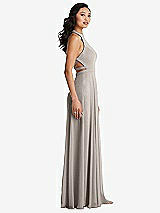 Side View Thumbnail - Taupe Stand Collar Halter Maxi Dress with Criss Cross Open-Back