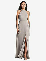 Rear View Thumbnail - Taupe Stand Collar Halter Maxi Dress with Criss Cross Open-Back