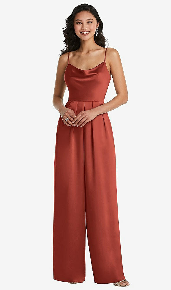 Front View - Amber Sunset Cowl-Neck Spaghetti Strap Maxi Jumpsuit with Pockets
