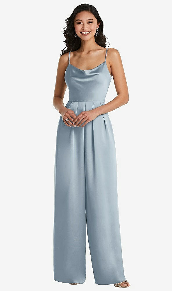 Front View - Mist Cowl-Neck Spaghetti Strap Maxi Jumpsuit with Pockets