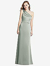 Front View Thumbnail - Willow Green Shirred One-Shoulder Satin Trumpet Dress - Maddie