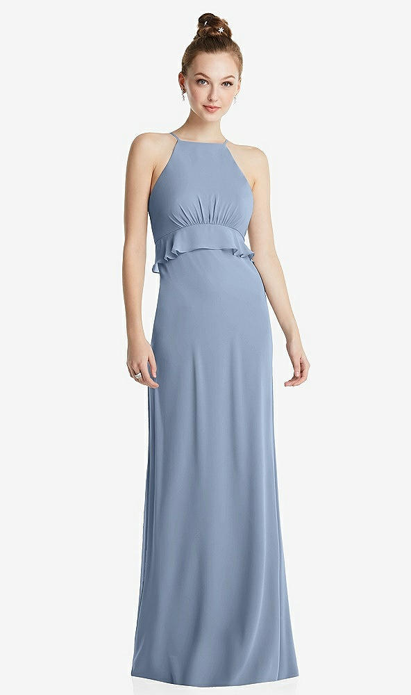 Front View - Cloudy Bias Ruffle Empire Waist Halter Maxi Dress with Adjustable Straps