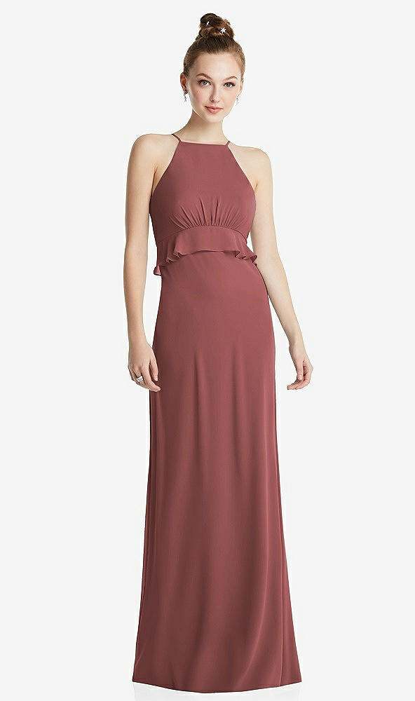 Front View - English Rose Bias Ruffle Empire Waist Halter Maxi Dress with Adjustable Straps