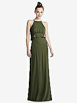 Front View Thumbnail - Olive Green Bias Ruffle Empire Waist Halter Maxi Dress with Adjustable Straps