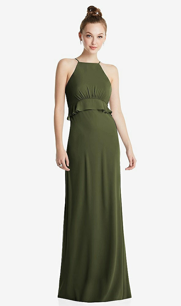 Front View - Olive Green Bias Ruffle Empire Waist Halter Maxi Dress with Adjustable Straps