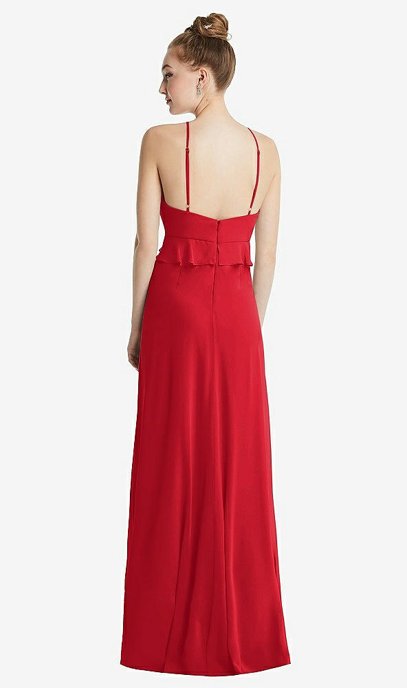 Back View - Parisian Red Bias Ruffle Empire Waist Halter Maxi Dress with Adjustable Straps