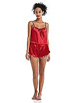 Front View Thumbnail - Parisian Red Satin Ruffle-Trimmed Lounge Shorts with Pockets - Cali