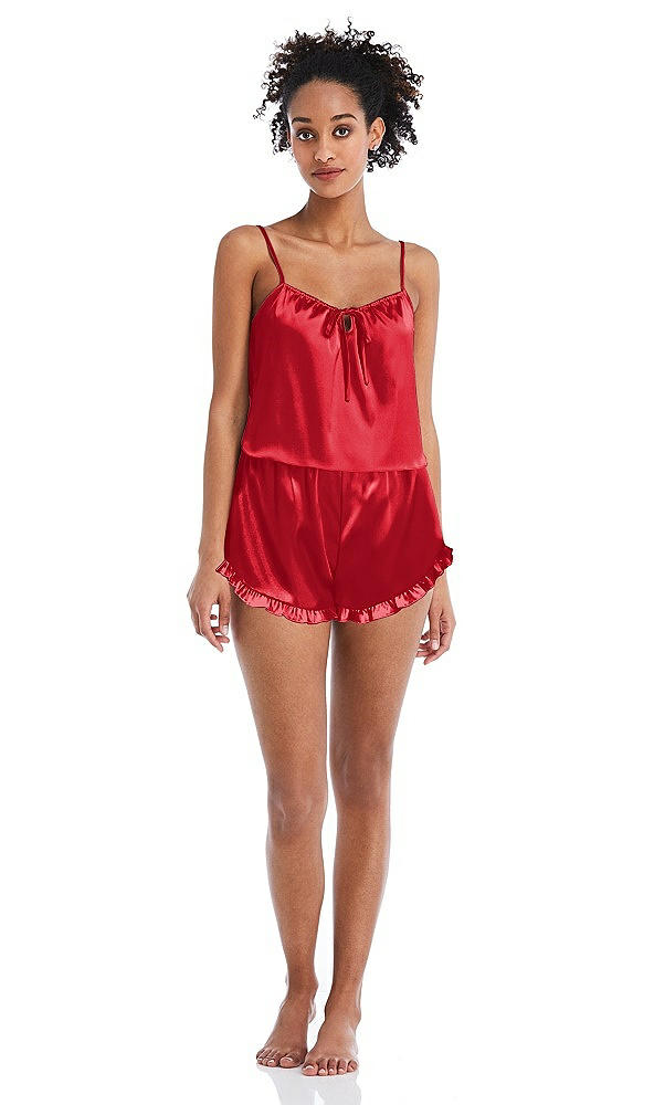 Front View - Parisian Red Satin Ruffle-Trimmed Lounge Shorts with Pockets - Cali
