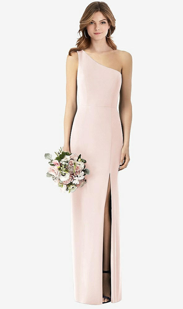 Front View - Blush One-Shoulder Crepe Trumpet Gown with Front Slit