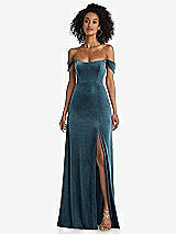 Front View Thumbnail - Dutch Blue Off-the-Shoulder Flounce Sleeve Velvet Maxi Dress
