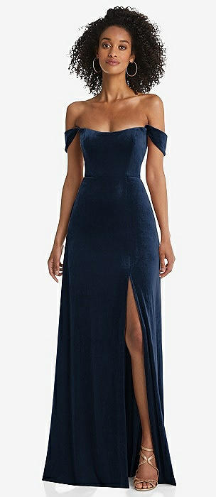 midnight blue off the shoulder dress