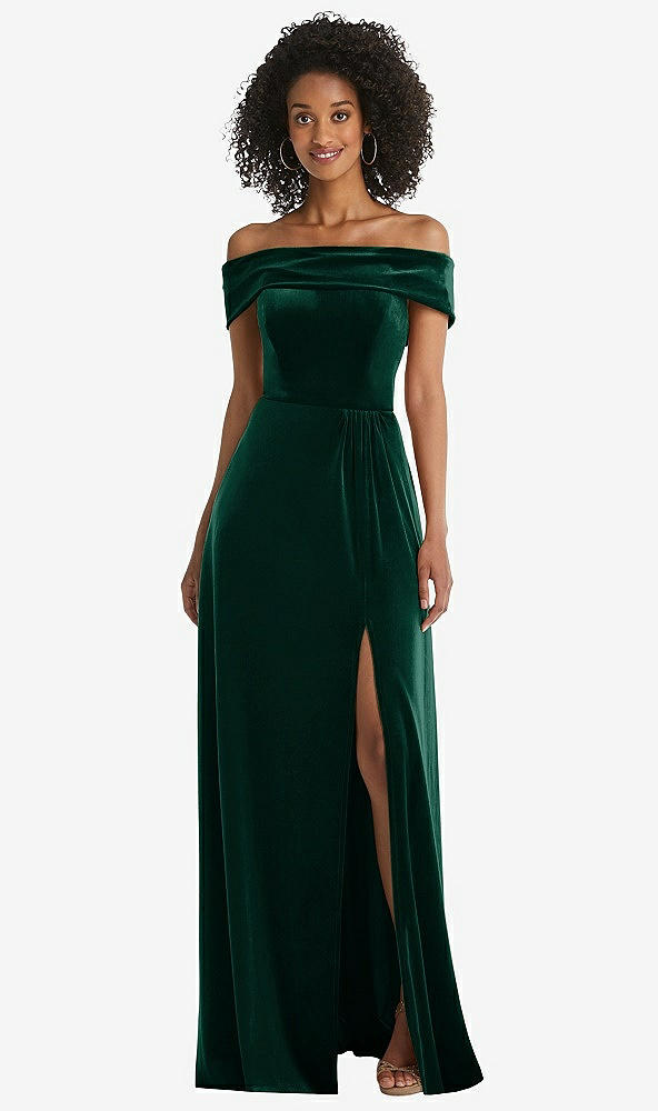 Front View - Evergreen Draped Cuff Off-the-Shoulder Velvet Maxi Dress with Pockets