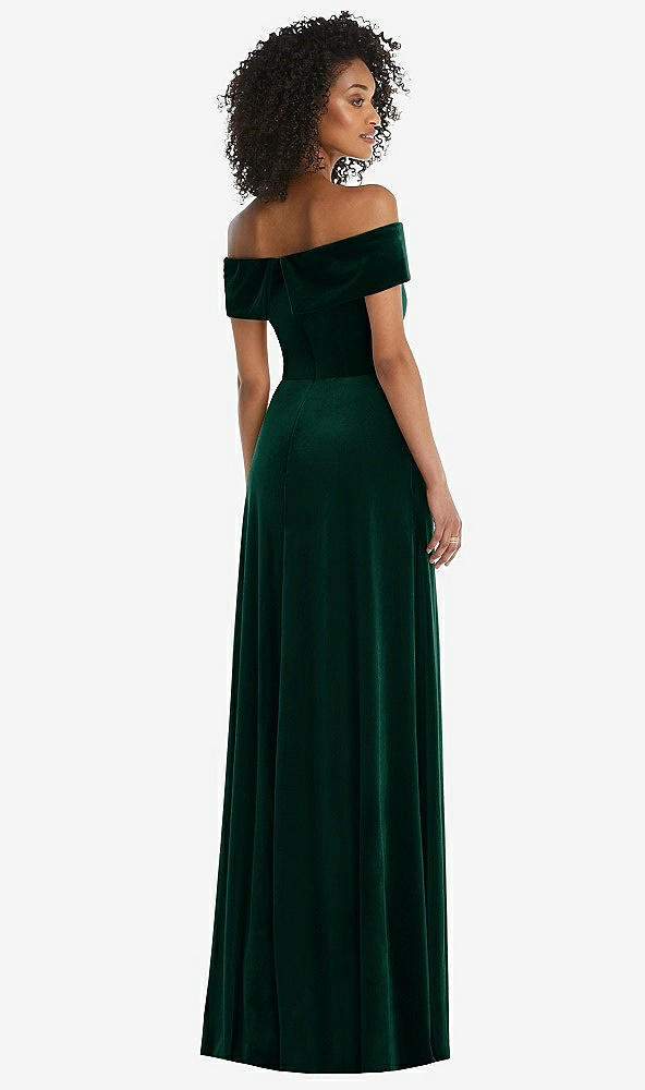 Back View - Evergreen Draped Cuff Off-the-Shoulder Velvet Maxi Dress with Pockets