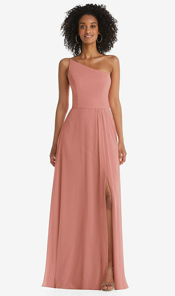 Front View - Desert Rose One-Shoulder Chiffon Maxi Dress with Shirred Front Slit