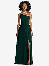 Front View Thumbnail - Evergreen One-Shoulder Chiffon Maxi Dress with Shirred Front Slit