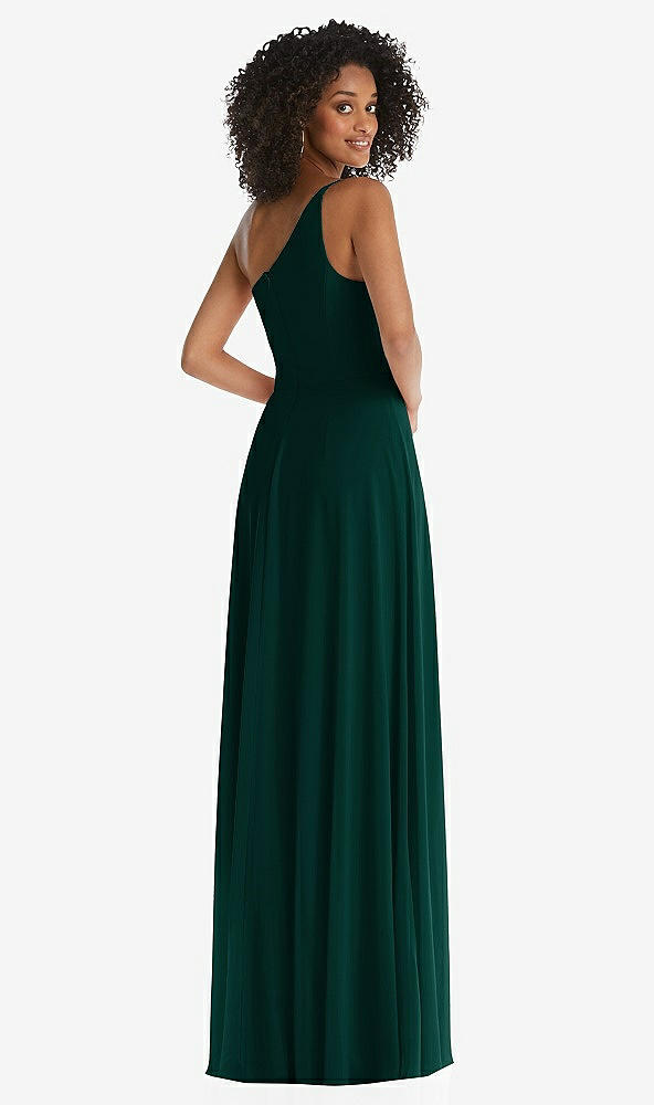 Back View - Evergreen One-Shoulder Chiffon Maxi Dress with Shirred Front Slit