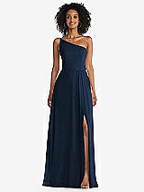 Front View Thumbnail - Midnight Navy One-Shoulder Chiffon Maxi Dress with Shirred Front Slit