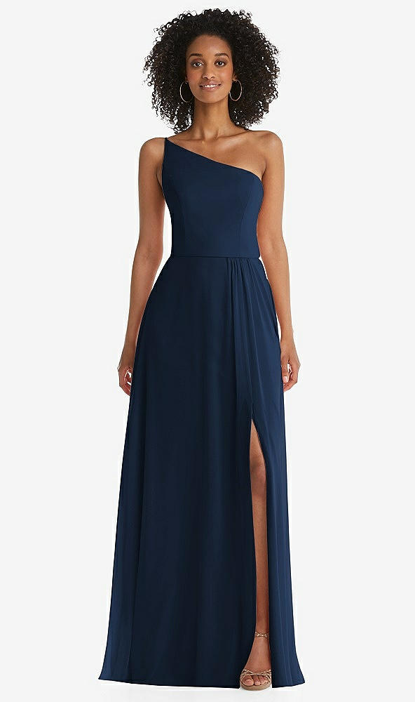 Front View - Midnight Navy One-Shoulder Chiffon Maxi Dress with Shirred Front Slit