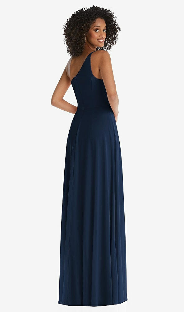 Back View - Midnight Navy One-Shoulder Chiffon Maxi Dress with Shirred Front Slit