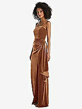Side View Thumbnail - Golden Almond Strapless Velvet Maxi Dress with Draped Cascade Skirt