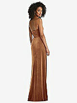 Rear View Thumbnail - Golden Almond Strapless Velvet Maxi Dress with Draped Cascade Skirt