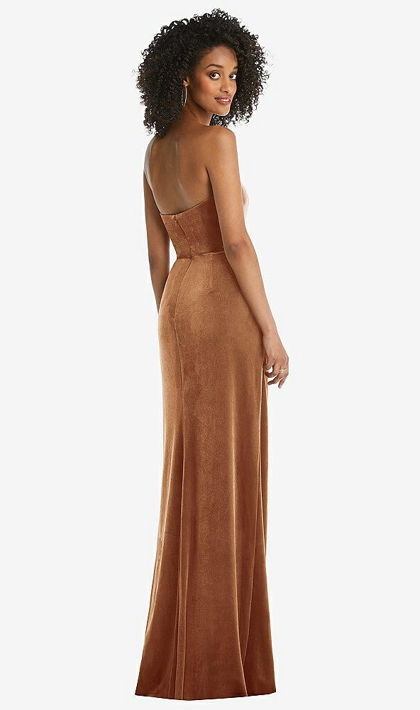 Back View - Golden Almond Strapless Velvet Maxi Dress with Draped Cascade Skirt