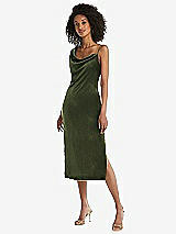 Front View Thumbnail - Olive Green Asymmetrical One-Shoulder Velvet Midi Slip Dress